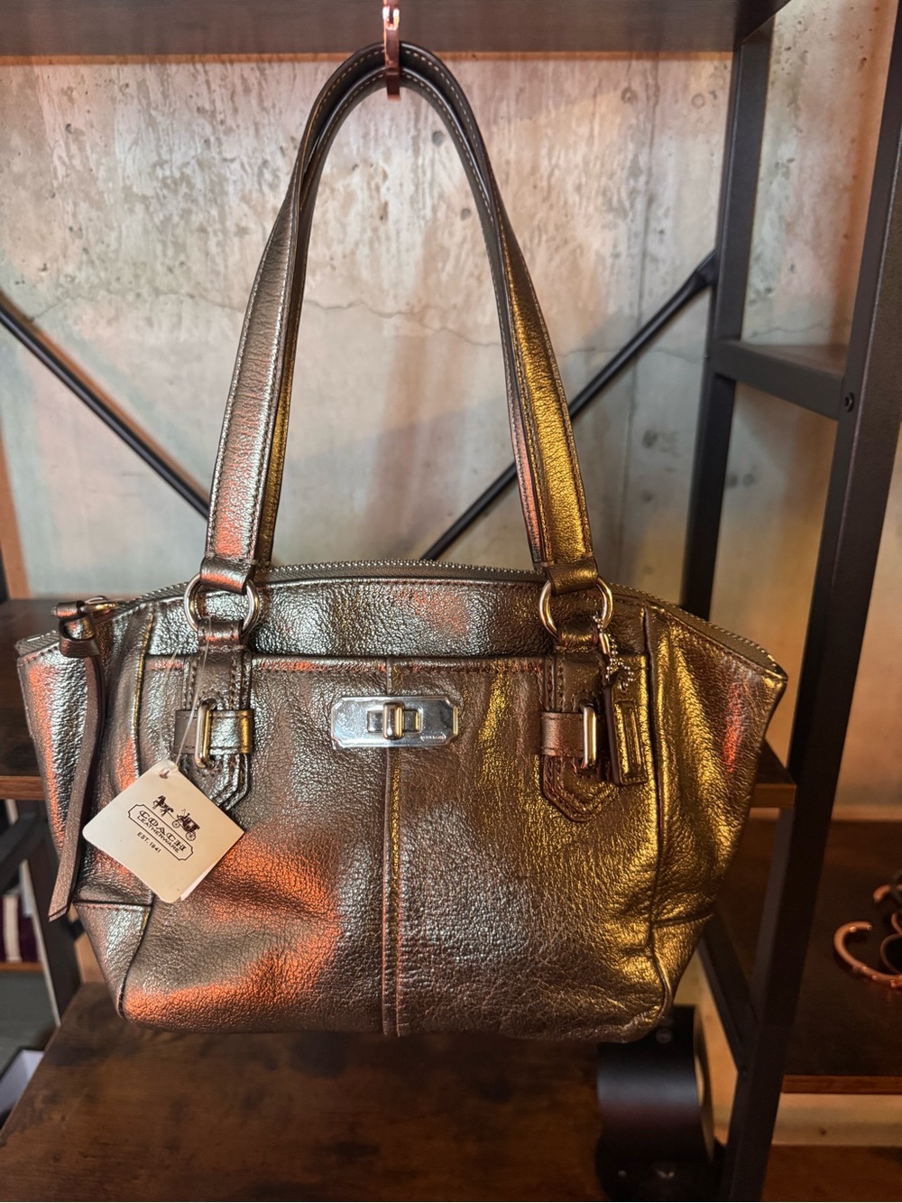 Rare Coach Metallic Pewter Leather Top Handle Bag - NWT!
